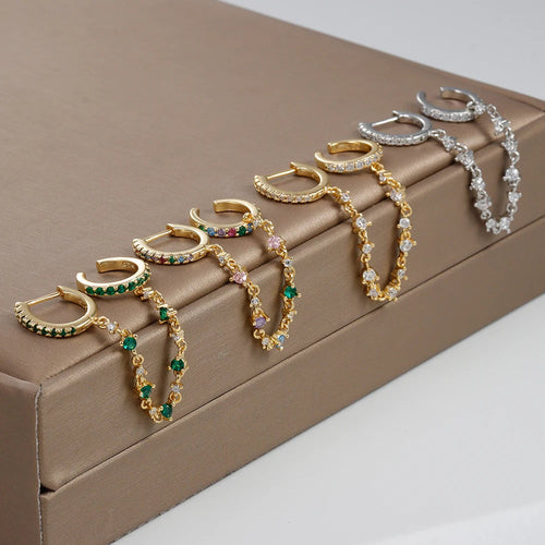 Europe and America CZ Crystal Chain Drop Earrings Stainless Steel